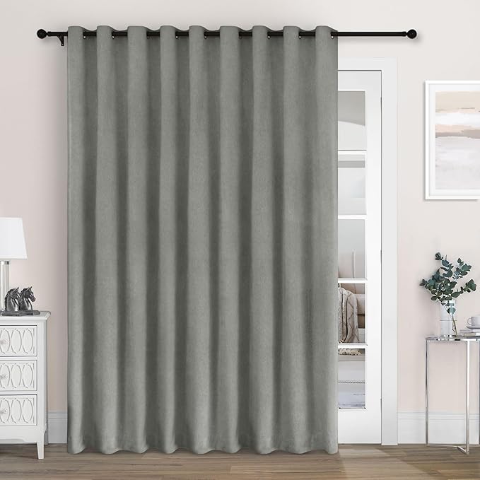 Macochico Extra Wide 100% Blackout Chenille Curtains 100" Wx102 L Thermal Curtains for Sliding Door Room Divider Living Room Bedroom Hotel Rock Grey Blackout Curtains Grommet with Tieback 1 Panel