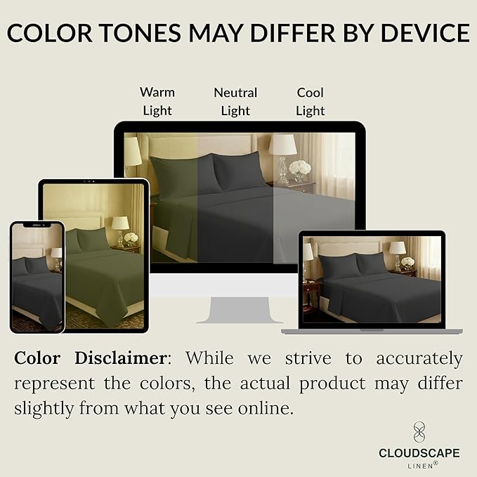 Cloud Scape Linen 100% Egyptian Cotton Sheets for Queen Size Bed, 400 Thread Count, 4 Pieces Bedding Set, Hotel Quality, Silky Soft, Deep Pockets up to 17”, Charcoal