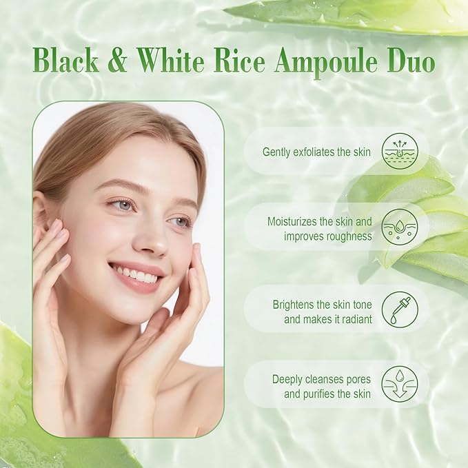 Aloe Vera Glow Black and White Rice Ampoule Duo, White & Black Rice Exfoliant Face and Body Scrub with Aloe Vera & Rice Extract，Moderate Exfoliating Facial Gel for All Skin Types