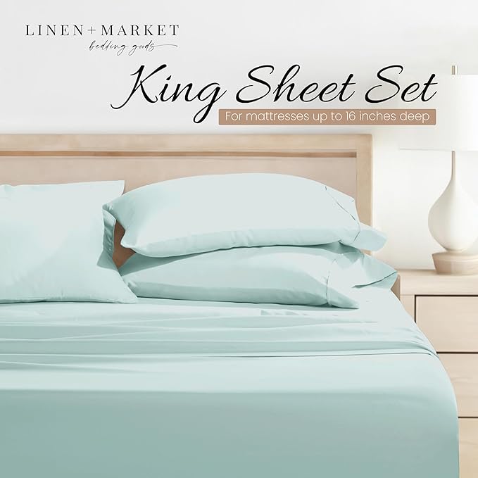 Linen Market Brushed Microfiber King Sheet Set 4 Piece – Oeko-TEX Certified Ultra Soft & Wrinkle-Free - 16" Deep Pocket Sheets - Easy Care King Size - Aqua