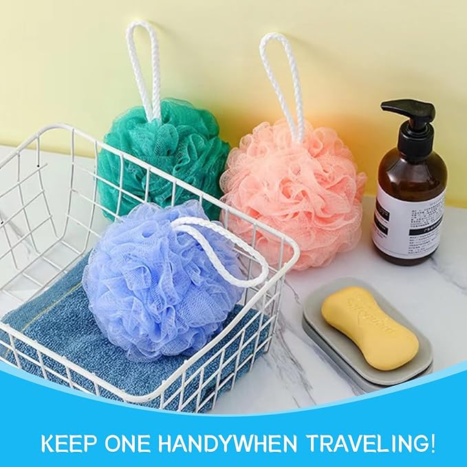 Loofah Sponge Shower Loofahs Bath Sponges Mesh Balls for Women Men Bathing Accessories Body Wash Back Scrubber 50g Soft Pouf Body Scrubber Loofahs Puff Pack, Exfoliate, Cleanse, Soothe Skin (4 Colors)