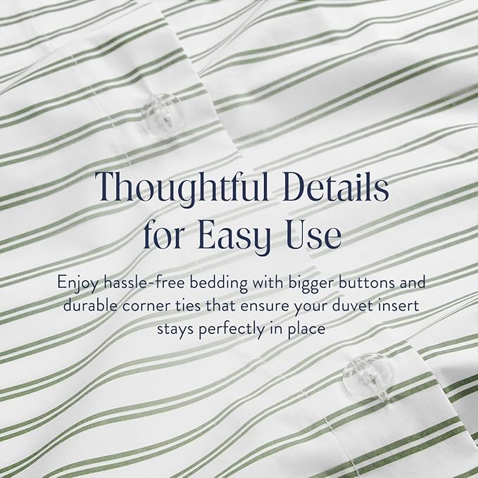 Brooklinen Luxury Sateen Duvet Cover - 100% Cotton, Twin/Twin XL Size in Green Tandem Stripe with Extra-Long Corner Ties and Button Closure - Best Twin/Twin XL Duvet Covers