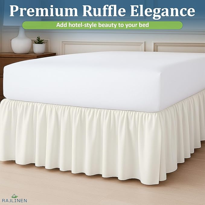 Rajlinen Ruffled Bed Skirt Twin XL, 14 Inch Drop Dust Ruffle with Split Corners, 100% Microfiber Bedskirt with Platform, Three-Sided Coverage Ruffled Gathering Design, Ivory