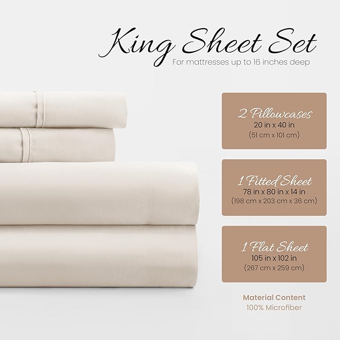 Linen Market Double-Brushed Microfiber King Sheet Set 4 Piece – Oeko-TEX Certified Ultra Soft & Wrinkle-Free - 16" Deep Pocket Sheets - Easy Care King Size - Ivory