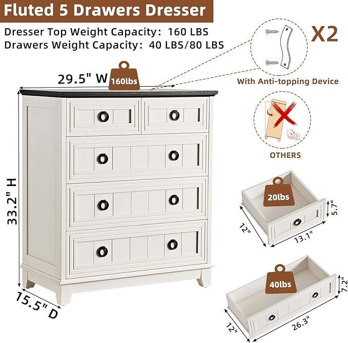 Farmhouse 5 Drawer Dresser for Bedroom, 33.2" Tall Small Dressers & Chest of Drawers, Rustic Wood Dresser with Metal Handle, Storage Organizer Closet for Living Room, Hallway, Entryway