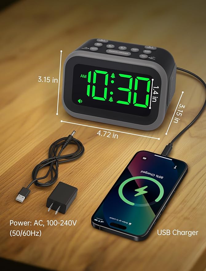 Super Loud Alarm Clock for Heavy Sleepers: 115dB Dual Alarms and 6 Alarm Sounds for Bedroom - Large Numbers 5 Dimmers for All Ages Green Digits
