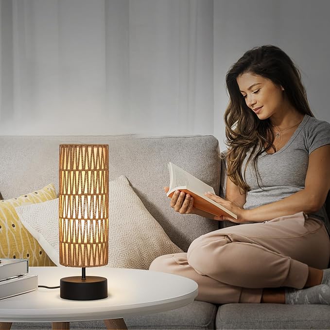 Rattan Table Lamp, Touch Control Bedside Table Lamp with Black Base, 3 Way Dimmable Nightstand Lamp with Dual-layer Shade, Boho Night Light for Bedroom Living Room Home Office, 9W LED Bulb Included