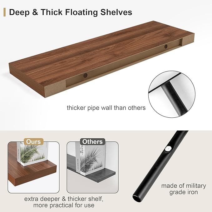 Heimlove 12" Deep Floating Shelves for Wall, 24 Inch Shelf Bathroom Shelves Set of 1, Mounted Shelves for Books Living Room Laundry Room Bedroom Kitchen Home Office, Walnut