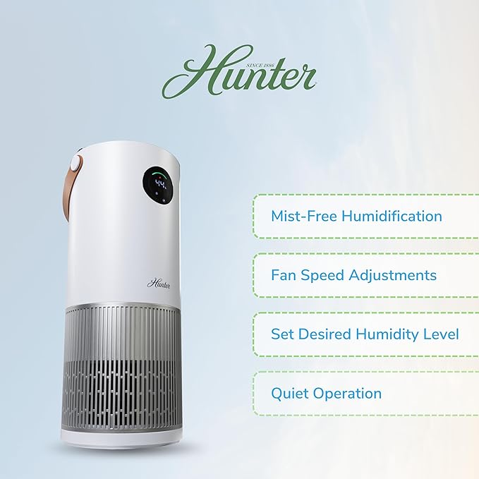 Hunter Fan Company Humidifier and Air Purifier In One, Advanced Filtration Air Purifiers for Home, Air Purifiers for Home Pets, Humidifiers for Bedroom and Humidifiers for Bedroom Baby, White/Silver