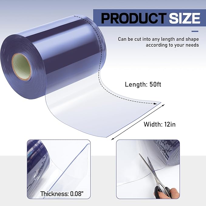 Moukeren Plastic Door Curtain for Winter 50 ft x 12 Inch Thermal Insulated Garage Door Strip Curtains Smooth Waterproof Clear PVC Strip Curtain for Warehouse Freezer Garage, 0.08" Thickness(Classic)