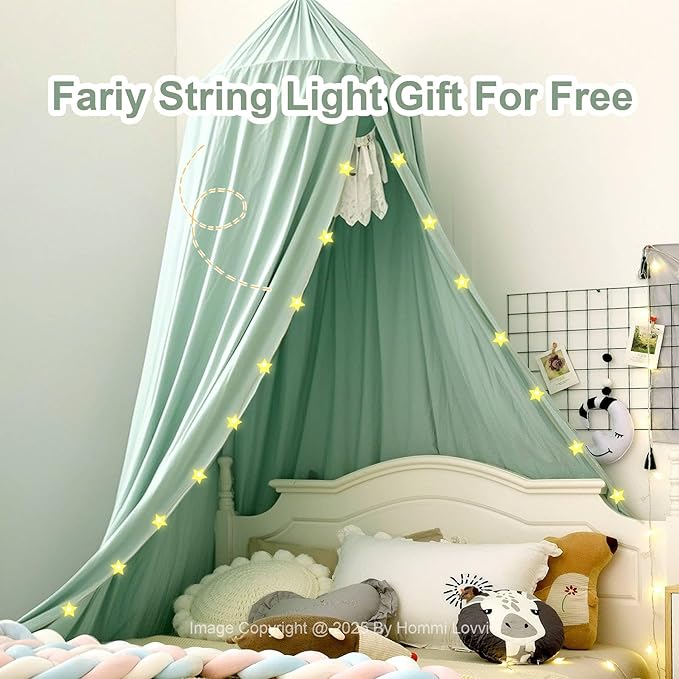 Green Bed Canopy for Girls with Light, Princess Canopy Curtains for Twin Full Queen Size Kids Bed, Canopy for Girls Bed Room Decor, Hanging Castle Ceiling Tent