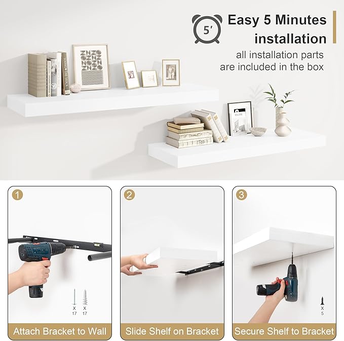 Heimlove Bathroom 12" Deep Floating Shelves for Wall Shelf Over Toilet Wall Mounted Farmhouse Long 55 inches Set of 1, Farmhouse Shelves with Invisible Brackets for Living Room, Kitchen, Bedroom,White