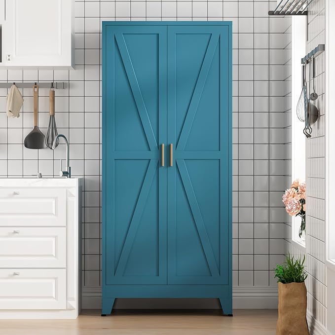 COFaR Home Farmhouse Storage Cabinet with Barn Door, Tall Kitchen Pantry Cupboard with Adjustable Shelves, for Dining Room, Bathroom, Living Room Blue.