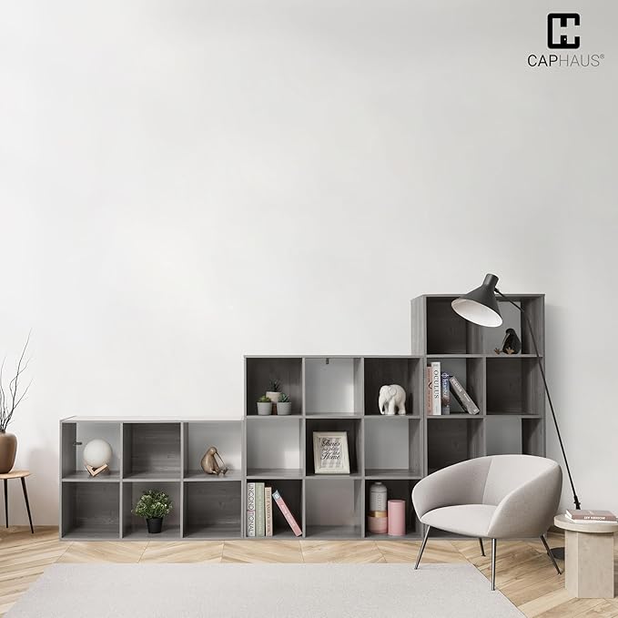 CAPHAUS Sturdy Room 11-Inch Cube Storage Organizer Shelf, with Thick Exterior Edge, Storage Shelf Divider w/Back, Bookcase, 9-Cube, Greige Oak