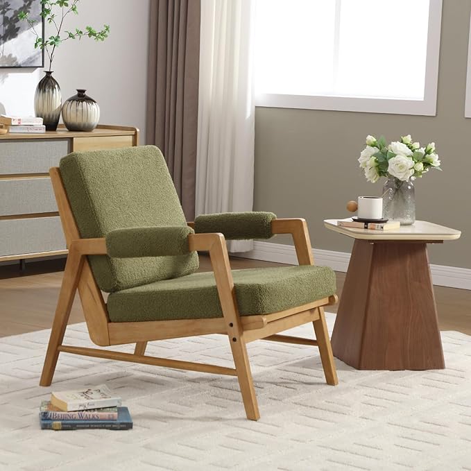 HEAH-YO Modern Accent Chair Set of 2, Upholstered Boucle Fabric Living Room Chair with Wooden Frame, Comfy Armchair with Thick Cushion for Bedroom Balcony, Green