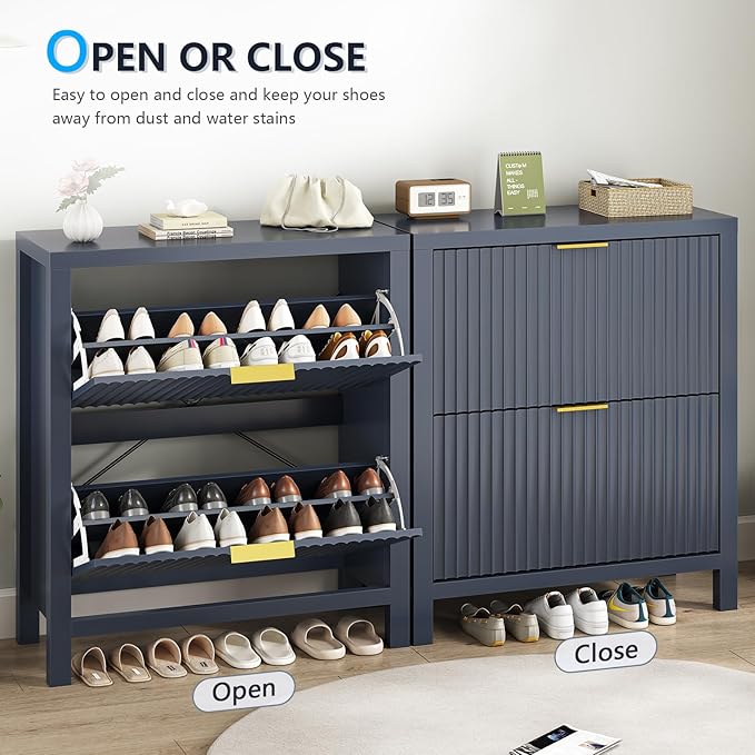 Shoe Cabinet Storage for Entryway, Fluted Shoe Cabinet with 2 Flip Drawers, Hidden Shoe Rack Tall Freestanding Shoe Organizer with Legs for Hallway, Blue
