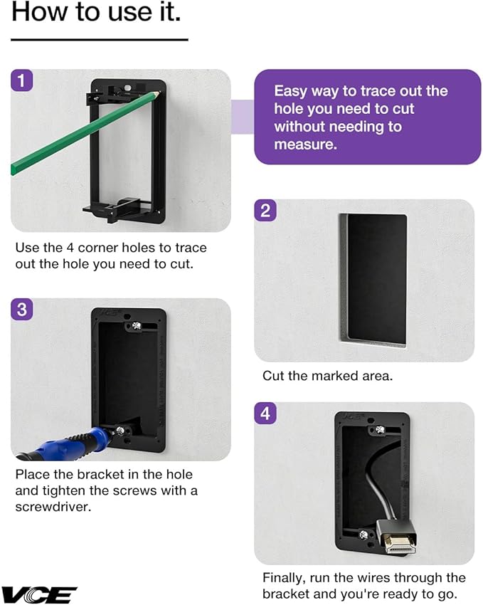 VCE 25-Pack Low Voltage Box for Single Gang Wall Plate, Black Low Voltage Mounting Bracket with Alignment Holes for Easy Drilling Fits Network, HDMI, Coaxial, Speaker, Telephone Cables