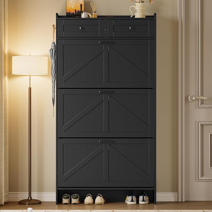 Shoe Storage Cabinet for Entryway, Farmhouse Narrow Shoe Cabinet with 3 Flip Drawers & 2 Top Drawers, Adjustable Shelves & Hooks, Freestanding Hidden Rack Organizer for Hallway, Foyer