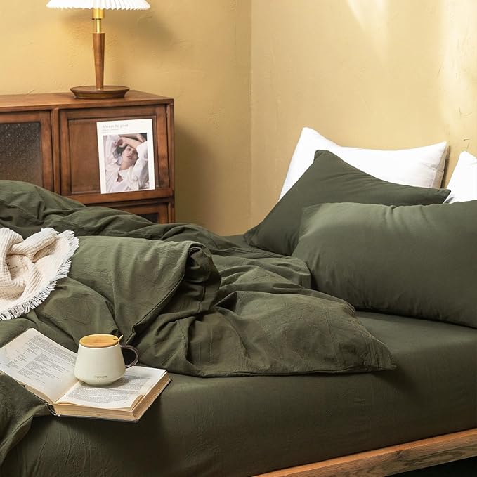FOSSA Duvet Cover Set 100% Washed Cotton Linen Feel Super Soft Breathable Cozy 3 Pieces Bedding Sets Solid Olive Green King