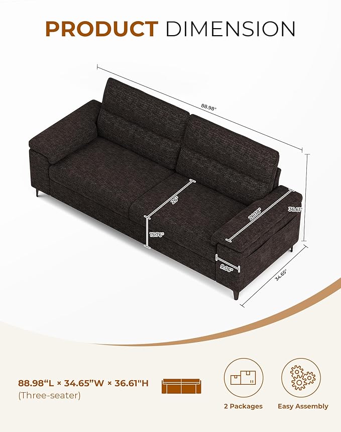 88.97" Modern Sofa Couch for Living Room, Deep Seat Sofa with 8”Cushion, Comfy 2-Seater Chenille Loveseat Sofa with Convertible Armrest, Removable Sofa Cover, High Leg (Dark Gray)