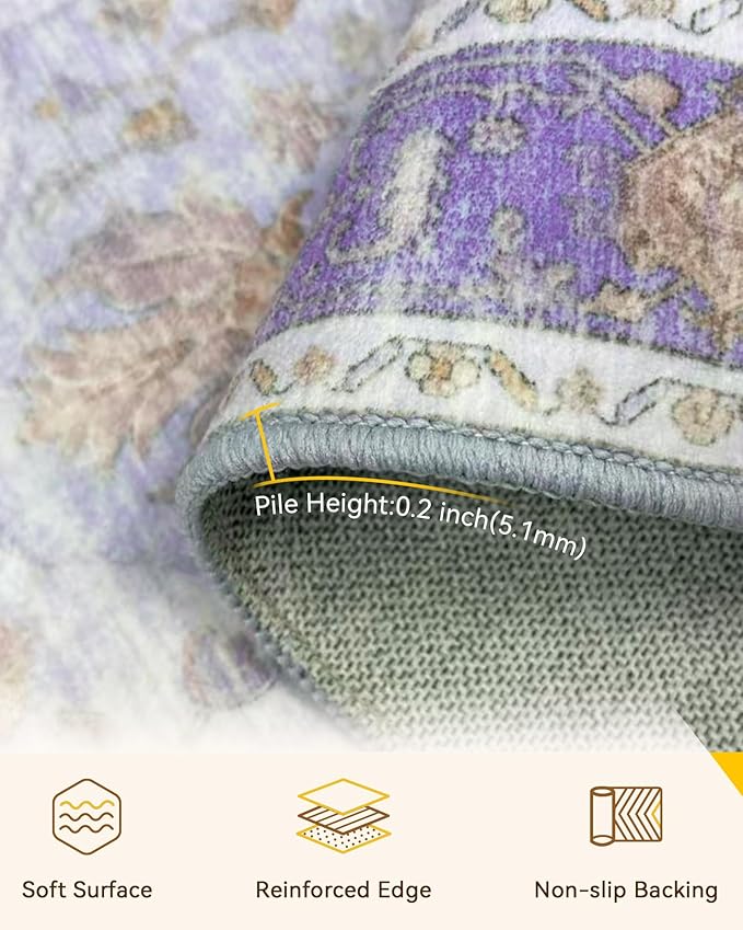 Area Rugs 5'x7' Washable Non-Slip, Floral Vintage Distress Print Pattern Medallion Carpet for Living Room Bedroom Dining Room, Light Purple Brown