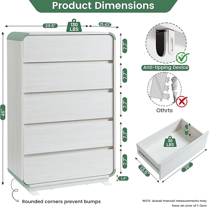 White 5 Drawers Dresser, Curved Dresser with Storage Organizer, Modern Drawer of Handleless, Large Chest of Drawers for Living Room, Nursery, Entryway, 29.5’’W