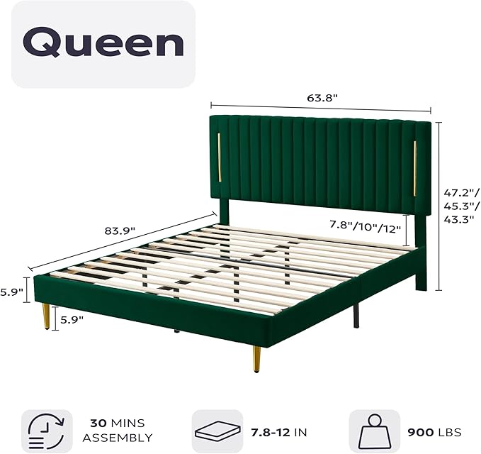 Queen Platform Bed Frame, Velvet Upholstered Bedframe with Vertical Channel Adjustable Headboard, Golden Plating Trim, Mattress Foundation with Wooden Slats, No Box Spring Needed, Green