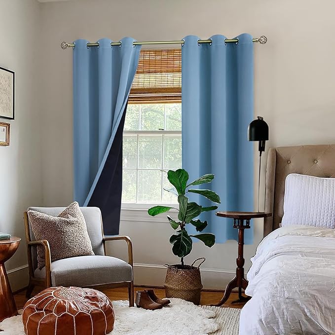 BGment Thermal Insulated 100% Blackout Curtains for Bedroom with Black Liner, Double Layer Full Room Darkening Noise Reducing Grommet Curtain (42 x 63 Inch, Denim Blue, 2 Panels)