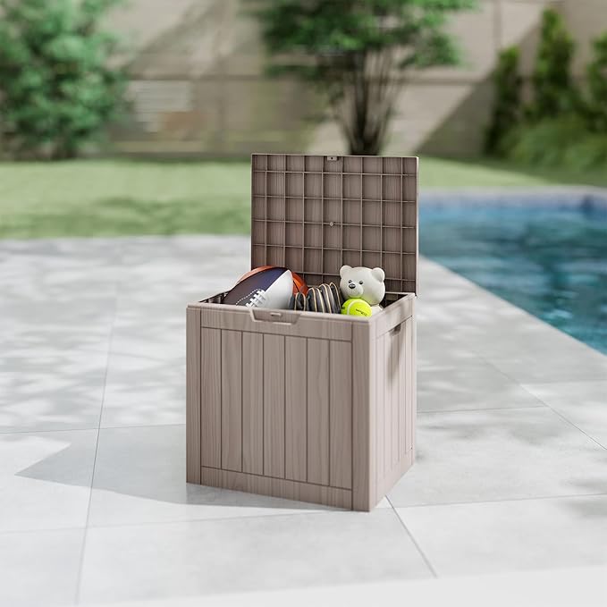 35 Gallon Small Waterproof Outdoor Storage Box, Resin Deck Box Lockable for Patio Furniture, Garden Tools, Pool Accessories, UV-Resistant for All Weather Use, Greige