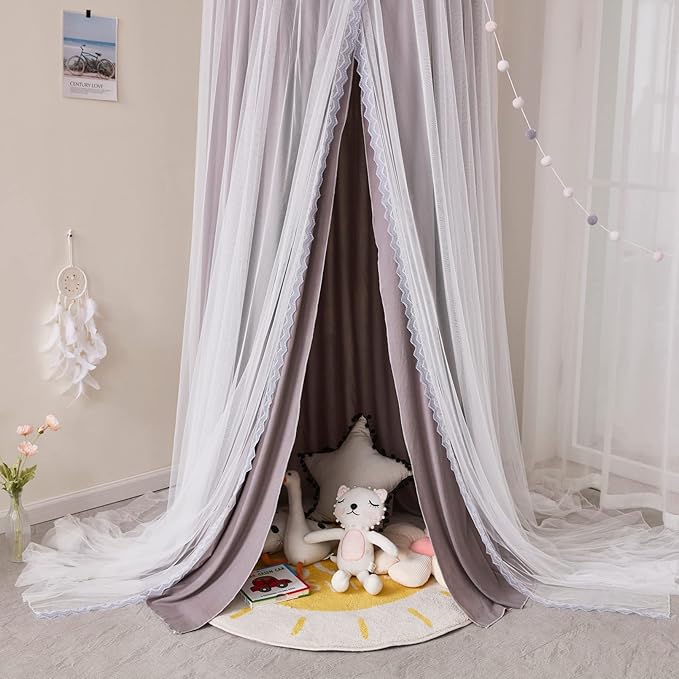Kertnic 31.5inch Large Dome Bed Canopy for Girls, Double Layer Dreamy Ruffle Princess Canopy, Bedroom Hanging Tent Kids Reading Nook Canopies,Full Queen Bed Canopy Curtain (Gray)