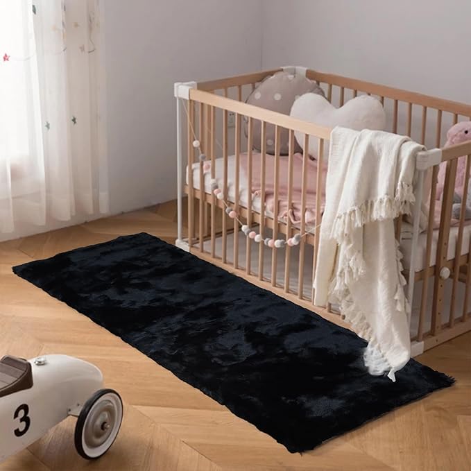 Latepis 2x6 Rug Runner Black Fluffy Area Rug Washable Faux Rabbit Fur Plush Shag Rugs for Bedroom Shaggy Throw Rugs for Nursery Sofa Floor Room Decor