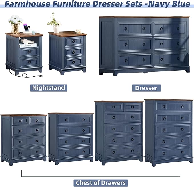 Bedroom Dresser and Nightstand Sets 4 Piece, Farmhouse 6 Drawers Dresser & 40.5" Tall Chest of Drawers,18" Nightstands with Charging Station,54" Wide Furniture Dressers for Bedroom,Living Room
