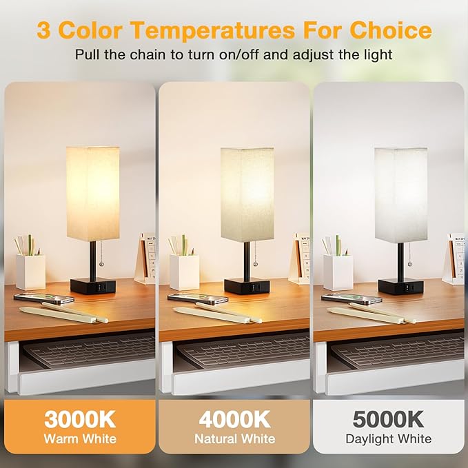 Small Linen Bedroom Lamp - 3 Color Temperature 3000K 5000K 4000K Bedside Lamp, Pull Chain Control, USB A and C Charging Ports, Black Base, for Kids Office Dorm, Bulb Included