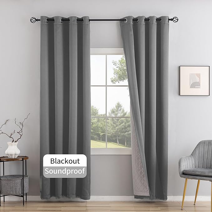 3-in-1 Layers Soundproof Curtains,Grommet Full Blackout Thermal Noise Dampening Curtains for Living Room, Bedroom(1 Panel,Grey,50" x108")
