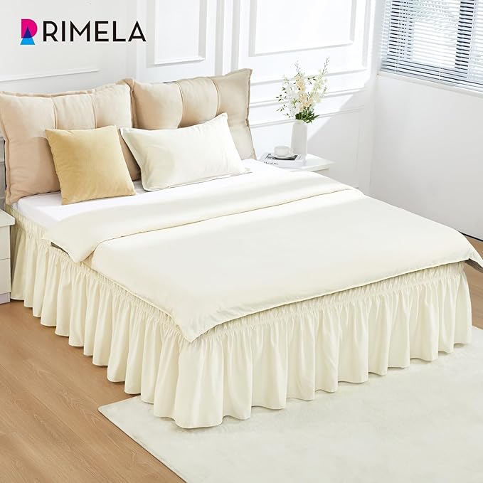 RIMELA Off White Bed Skirt Queen Size 15 Inch Drop, Elastic Bed Skirting for Bed Base and Frame, Bedding Dust Ruffle Easy to Install, Lightweight Wrap Around Adjustable Bedskirt