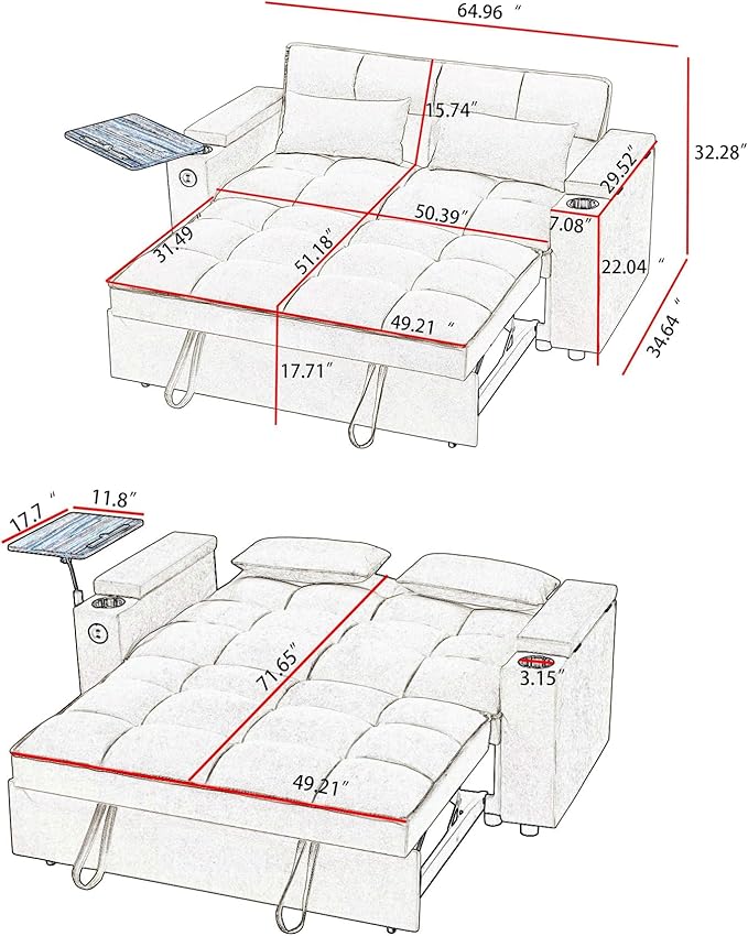 65'' Convertible Sleeper Sofa Bed with Adjustable Backrest, Chaise Lounge, Side Table & USB/Type-C Ports – Stylish & Functional Addition to Any Living Room (Black)