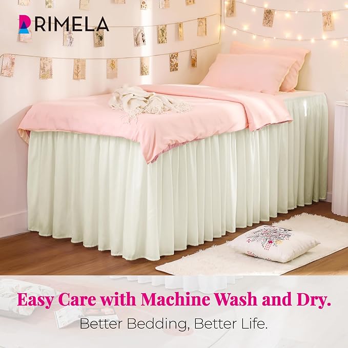 RIMELA Dorm Bed Skirt Twin XL 46 Inch Drop, Easy to Install Extra Long Wrap Around Elastic Dust Ruffle, Ivory White Bedskirt Solid Silky Fabric (Twin XL 80“L x 39”W & Twin 75“L x 39”W)