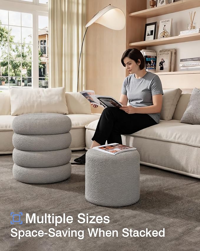 Round Set of 2 Sherpa Storage Ottoman Stool Boucle Vanity Stool Footstool with Removeable lid Load up to 440 lbs for Livingroom Bedroom Gray UASND68G