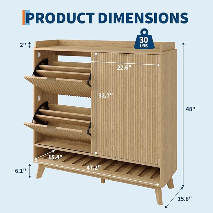 IDEALHOUSE Fluted Shoe Cabinet Storage with 2 Flip Drawers & Sliding Door & Adjustable Shelf Rack，Freestanding Wood Narrow Hidden Shoe Organizer for Entryway, Hallway, Living Room