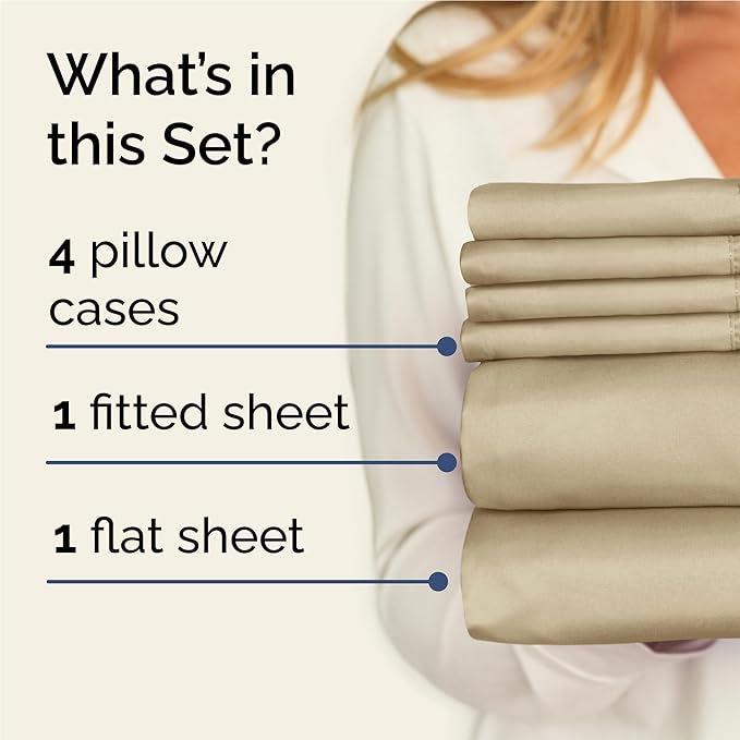 Full 6 Piece Sheet Set - Cooling, Comfy & Breathable - Hotel Luxury Bedding, Includes Fitted Sheet for Women, Men, Kids and Teens - 1 Flat, 1 Fitted Sheet, 4 Pillowcases with Deep Pockets - Beige