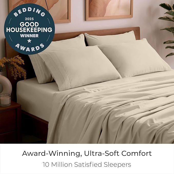 Mellanni Queen Sheet Set - 6-Piece Iconic Collection Bedding, (Including 4 Pillowcases), 21-Inch Extra Deep Pocket, Easy Care, Ultra Soft, Cooling Sheets, Brushed Microfiber - Beige