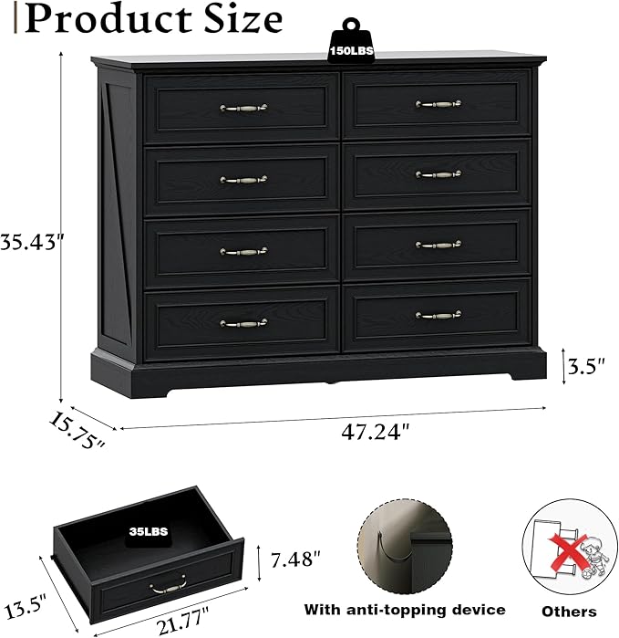 Farmhouse 8 Drawers Dresser for Bedroom, 48" Wide Modern Chest of Drawers with Deep Drawers & Bar Handles, Wood Dresser TV Stand, Wooden Rustic Closet Storage Organizer for Living Room, Hallway, Black