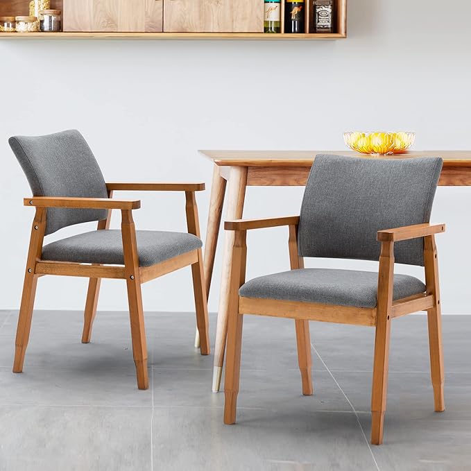 thksbought Set of 4 Mid Century Modern Walnut Dining Chairs Wood Arm Grey Fabric Kitchen Cafe Living Room Decor Furniture