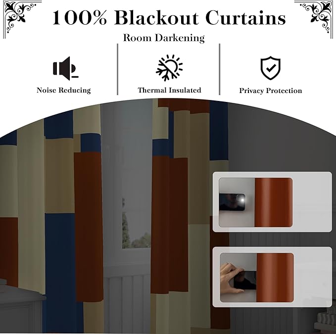 Terracotta Blue 100% Blackout Curtains for Bedroom 84 inch Long 2 Panels Set Modern Abstract Geometric Black Out Curtains Insulated Room Darkening Window Drapes for Living Room, 52Wx84L