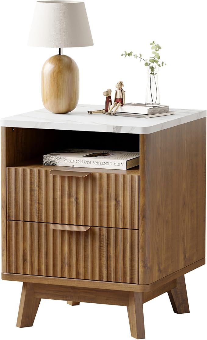 Fluted Nightstand with 2 Drawers, 18" Modern Night Stand with Faux Marble Top, Open Storage Shelf, Curved Edge Bedside Table for Bedroom, End Side Table (1, Walnut)