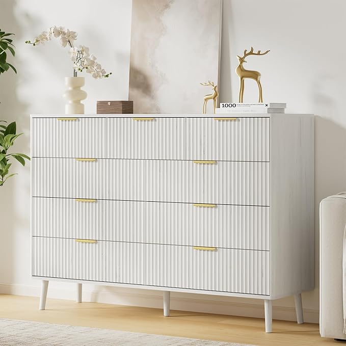 LYNSOM Fluted 9 Drawer Dresser for Bedroom, 55" Wide Modern Chest of Drawers with Curved Profile Design and Metal Handles, Wood Dresser TV Stand & Storage Organizer for Bedroom, Hallway, White