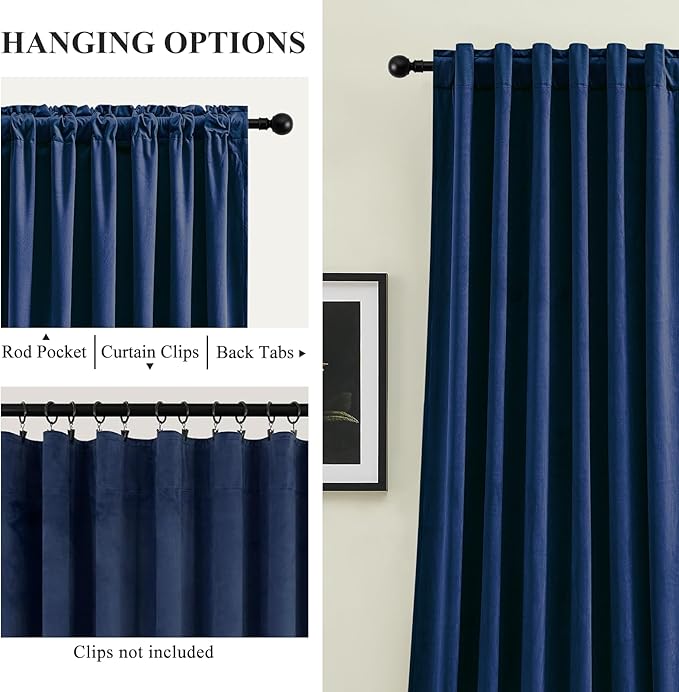 Navy Blue Velvet Blackout Curtains Extra Long Super Soft Room Darkening Drapes Elegant Thermal Insulated Sound Reducing Curtain for Bedroom Living Room, Back Tab Rod Pocket, W52 x L108, 2 Panels