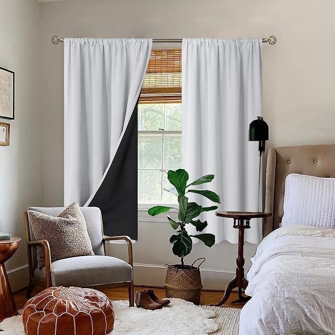 BGment Greyish White Thermal Insulated Blackout Curtains for Bedroom, 100% Black Out Curtains Noise Reduce Light Blocking Winter Curtains, Each Panel 52 x 63 Inch