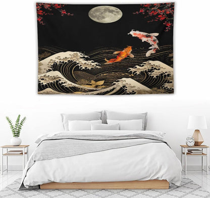 Houselerax Koi Fish Tapestry, Japanese Style Yin Yang Big Wave Cherry Blossom Tapestries Wall Hanging for Bedroom Living Room Office Decor 90"x60"