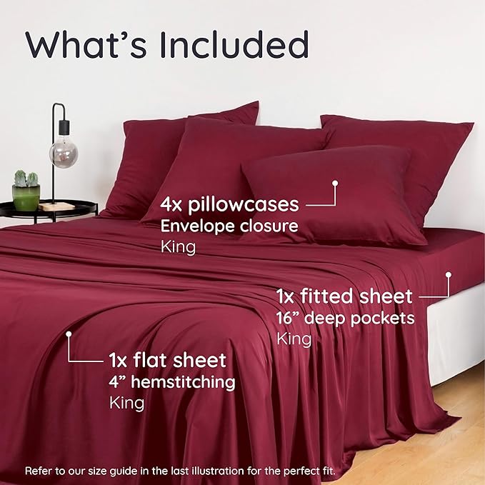 Bambaw 100% Viscose Derived from Bamboo Sheets King Set – 6pcs Set of Cooling Sheets King Size Deep Pocket, Fits Up to 16'' with Elastic Corner Straps, Ultra Soft Bed Sheets King (Burgundy)